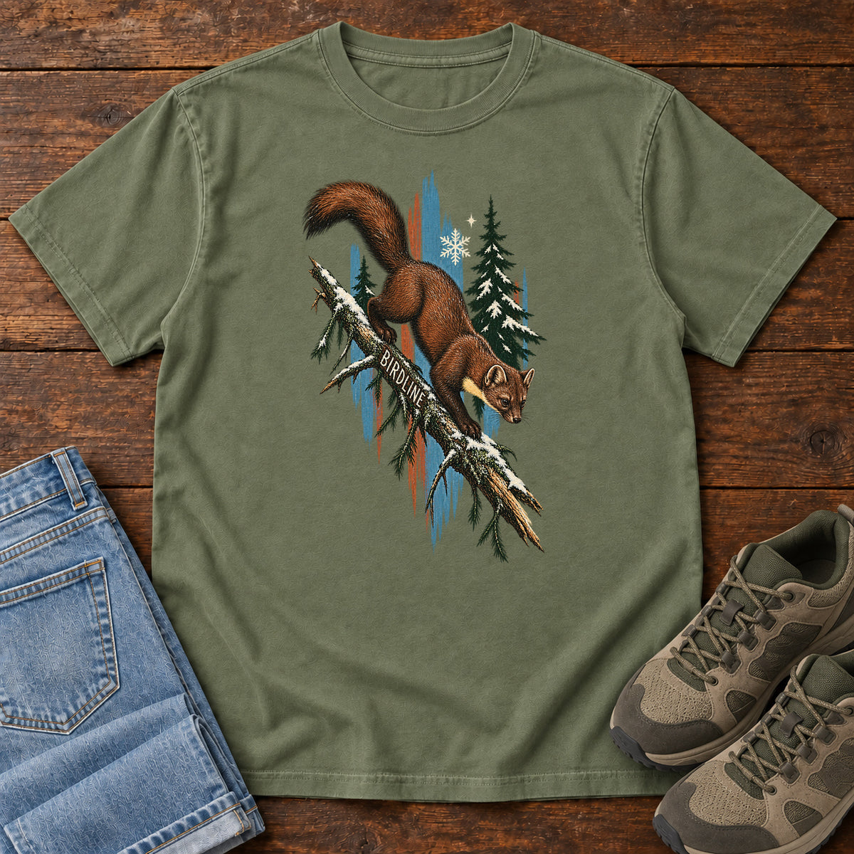 Birdline Squirrel Blue T-Shirt in Moss