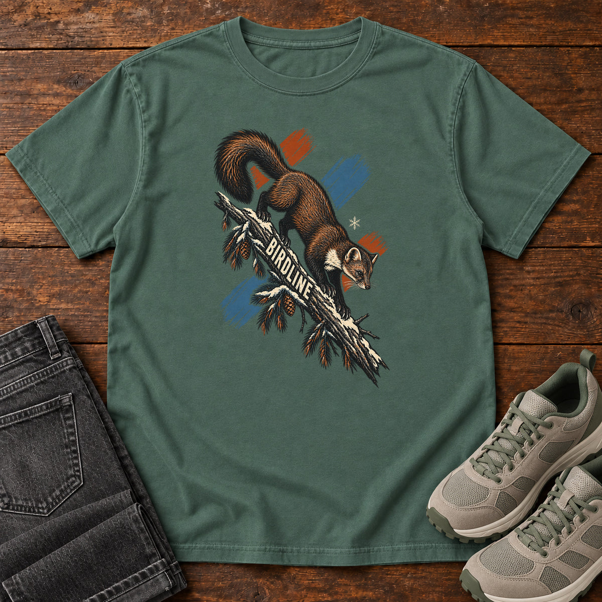Birdline Squirrel Orange T-Shirt in Blue Spruce