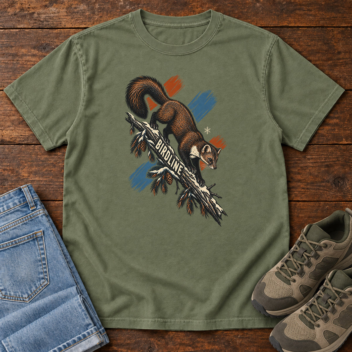 Birdline Squirrel Orange T-Shirt in Moss