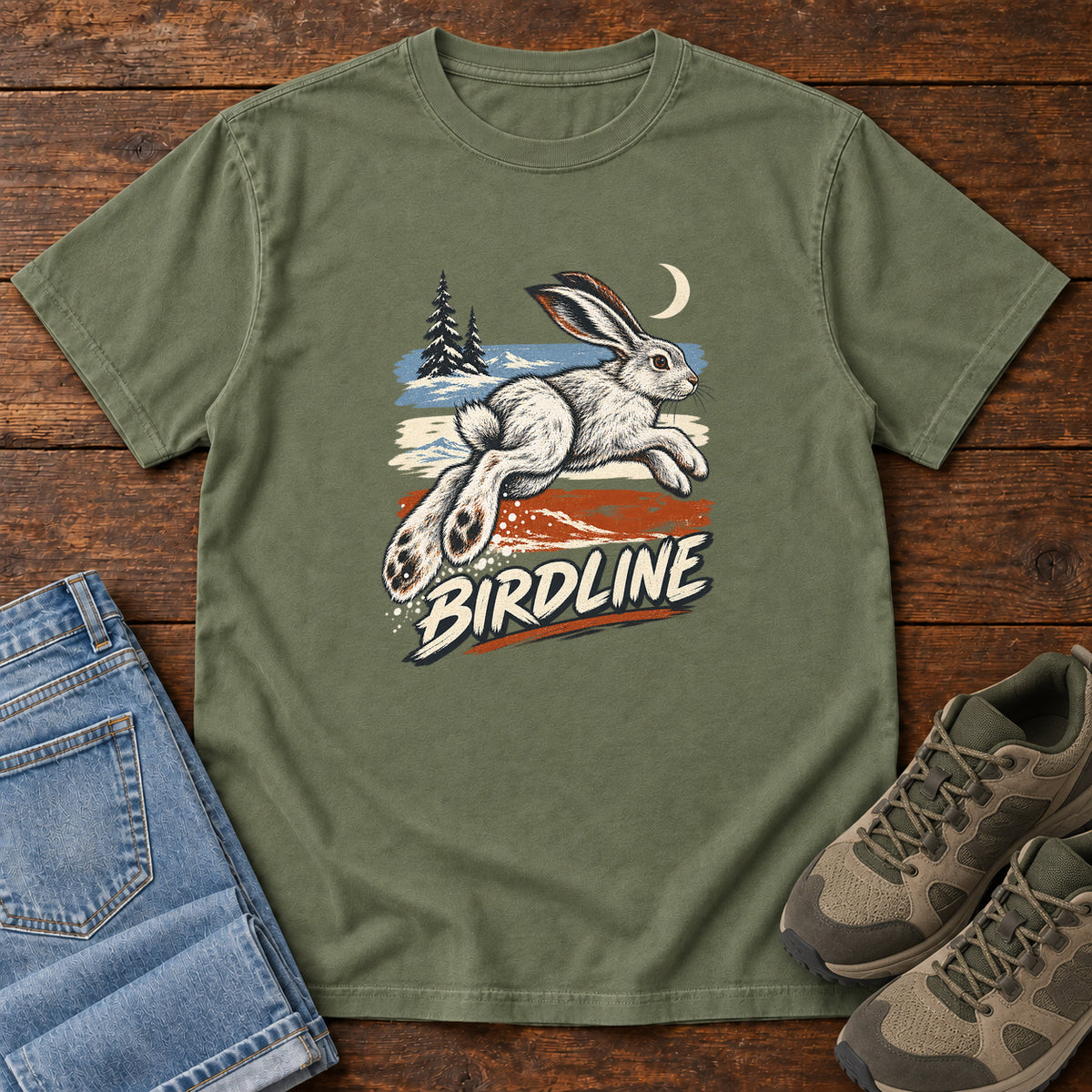 Birdline Hare Moon T-Shirt in Moss