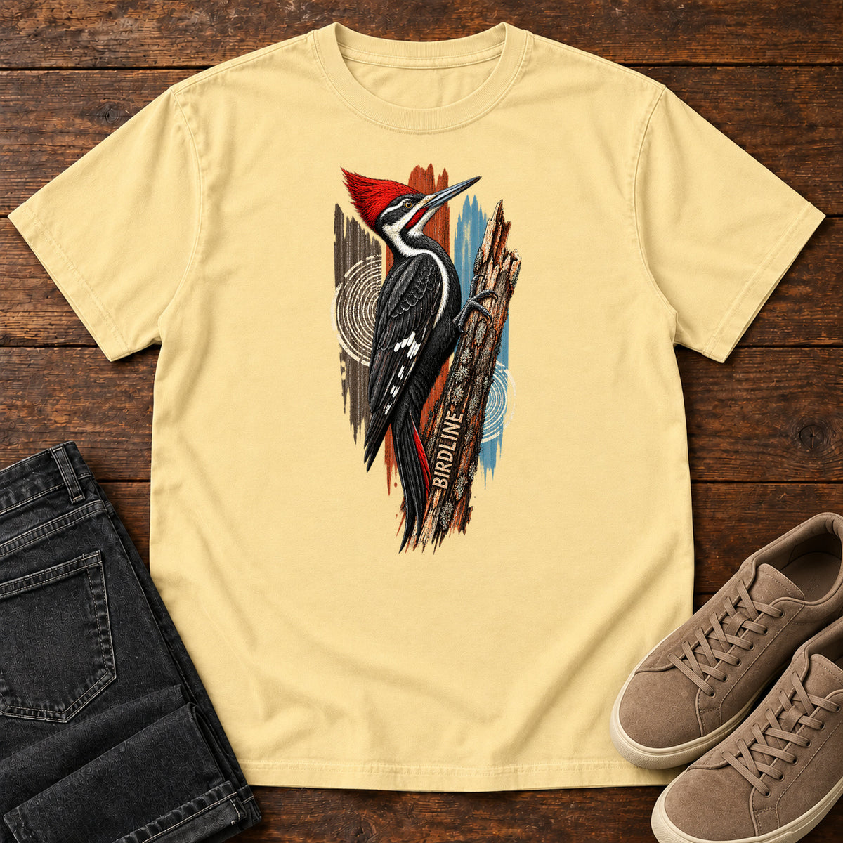 Birdline Woodpecker Woodgrain T-Shirt in Butter