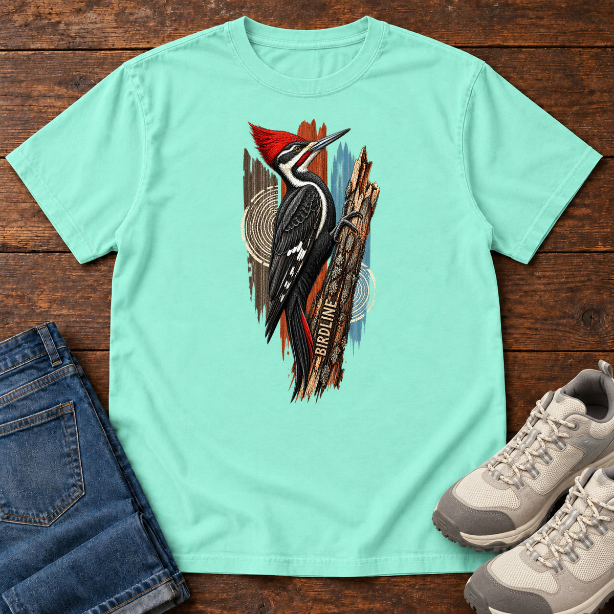 Birdline Woodpecker Woodgrain T-Shirt in Chalky Mint