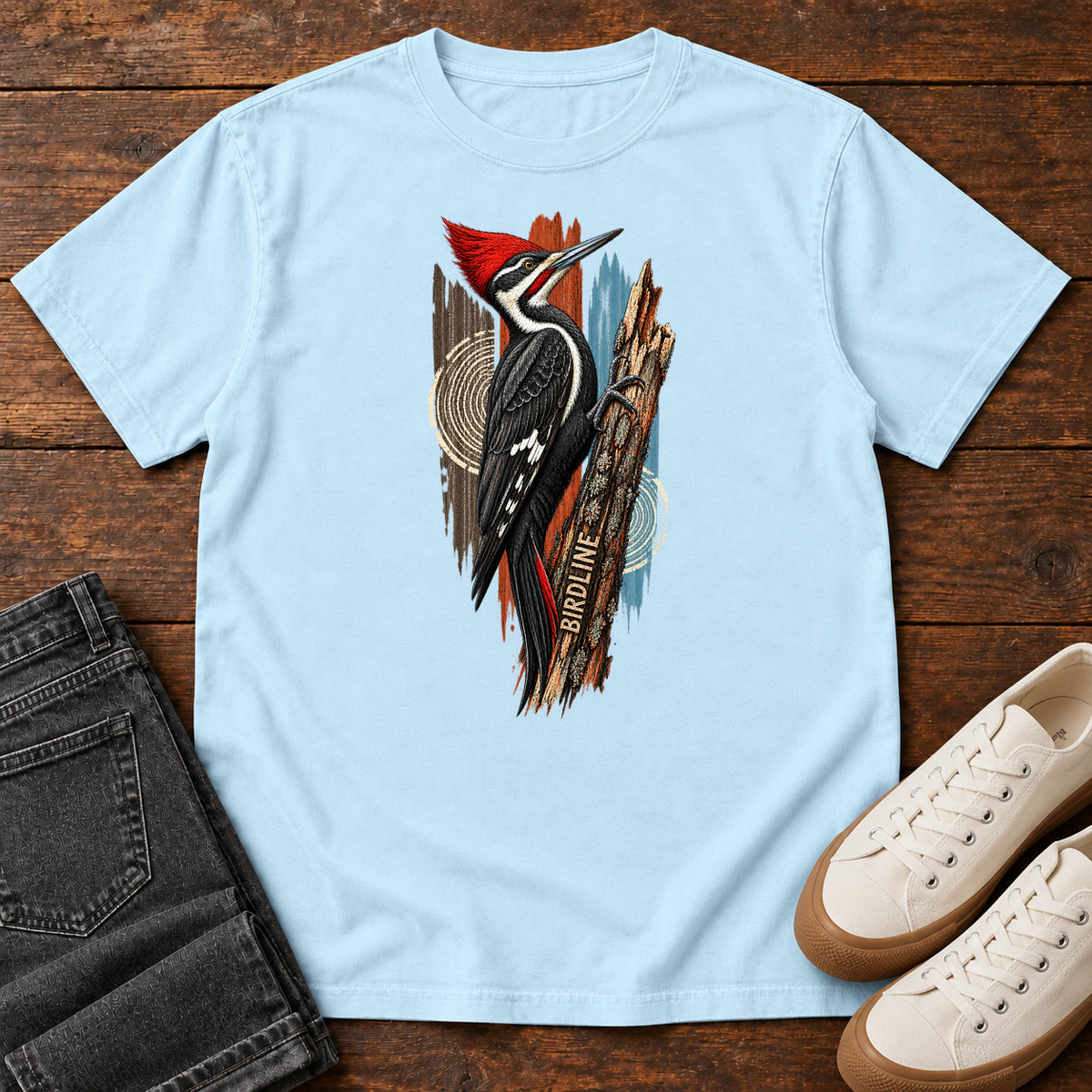 Birdline Woodpecker Woodgrain T-Shirt in Chambray