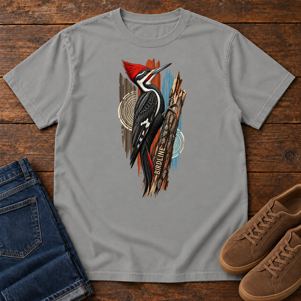 Birdline Woodpecker Woodgrain T-Shirt in Grey
