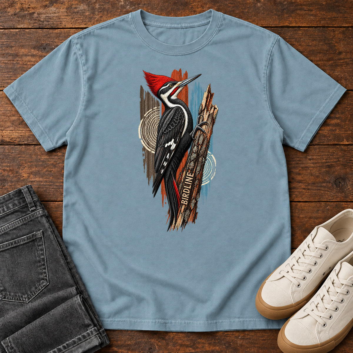 Birdline Woodpecker Woodgrain T-Shirt in Ice Blue