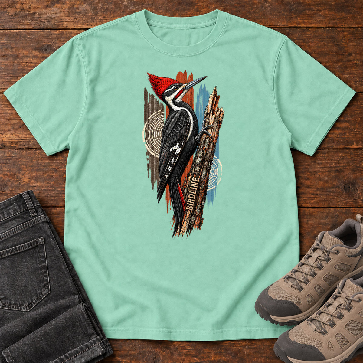 Island Reef Birdline Woodpecker Woodgrain T-Shirt with a red-crested black-and-white bird clinging to a textured tree trunk, front flat lay on wood.