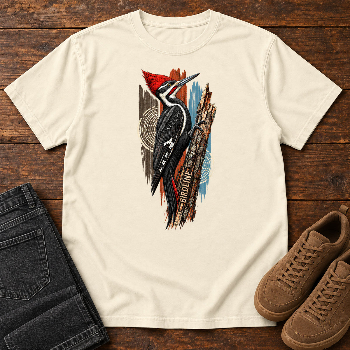 Birdline Woodpecker Woodgrain T-Shirt in Ivory