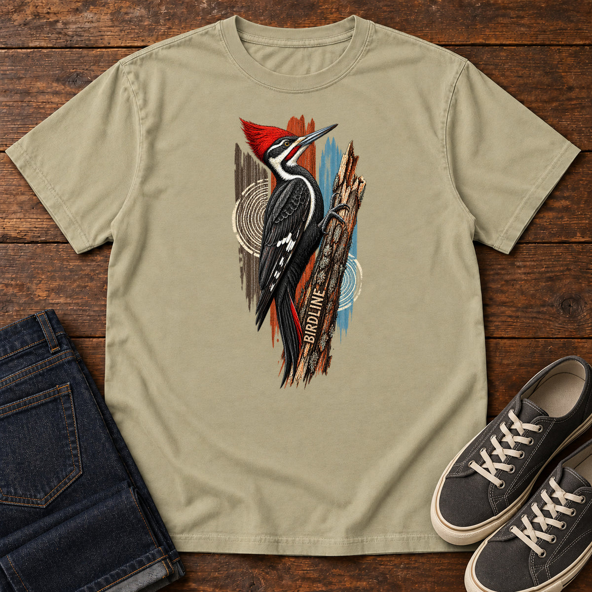 Birdline Woodpecker Woodgrain T-Shirt in Khaki