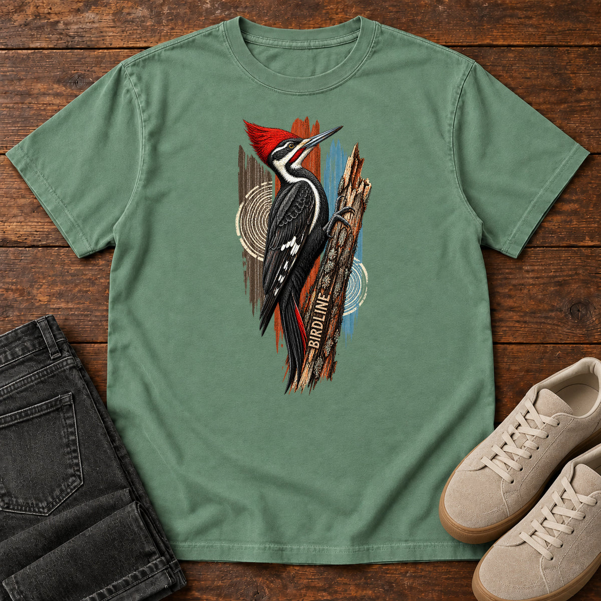 Birdline Woodpecker Woodgrain T-Shirt in Light Green