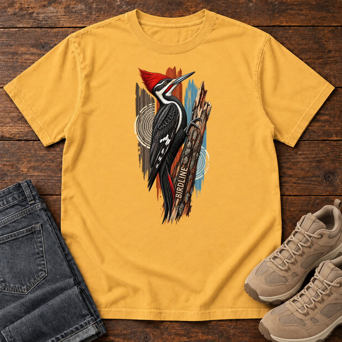Birdline Woodpecker Woodgrain T-Shirt in Mustard