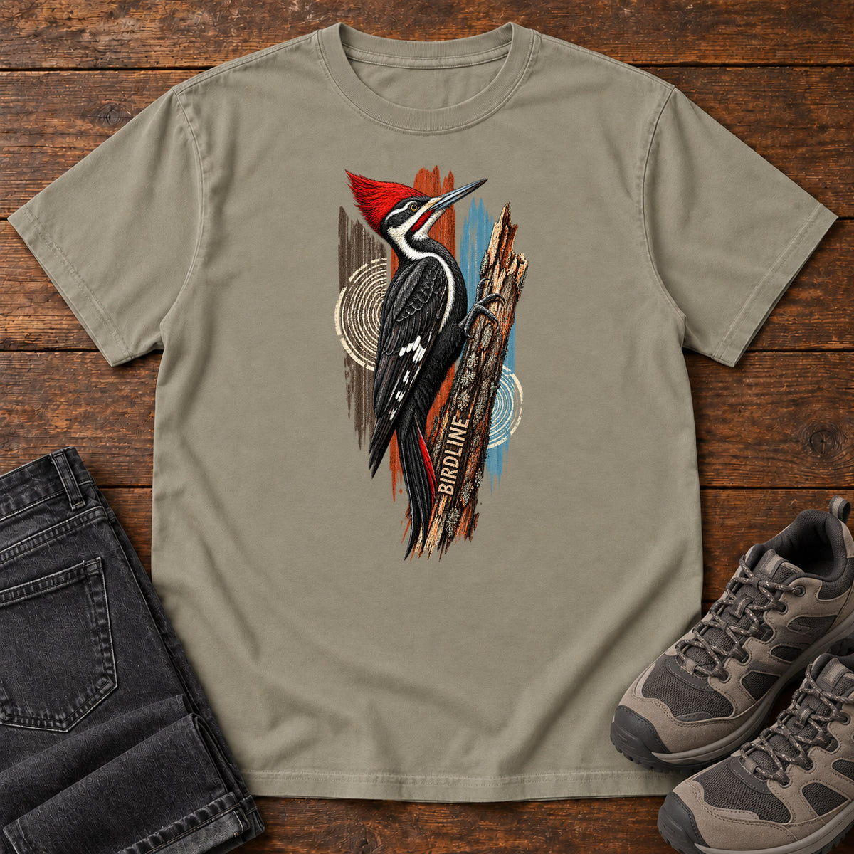 Birdline Woodpecker Woodgrain T-Shirt in Sandstone