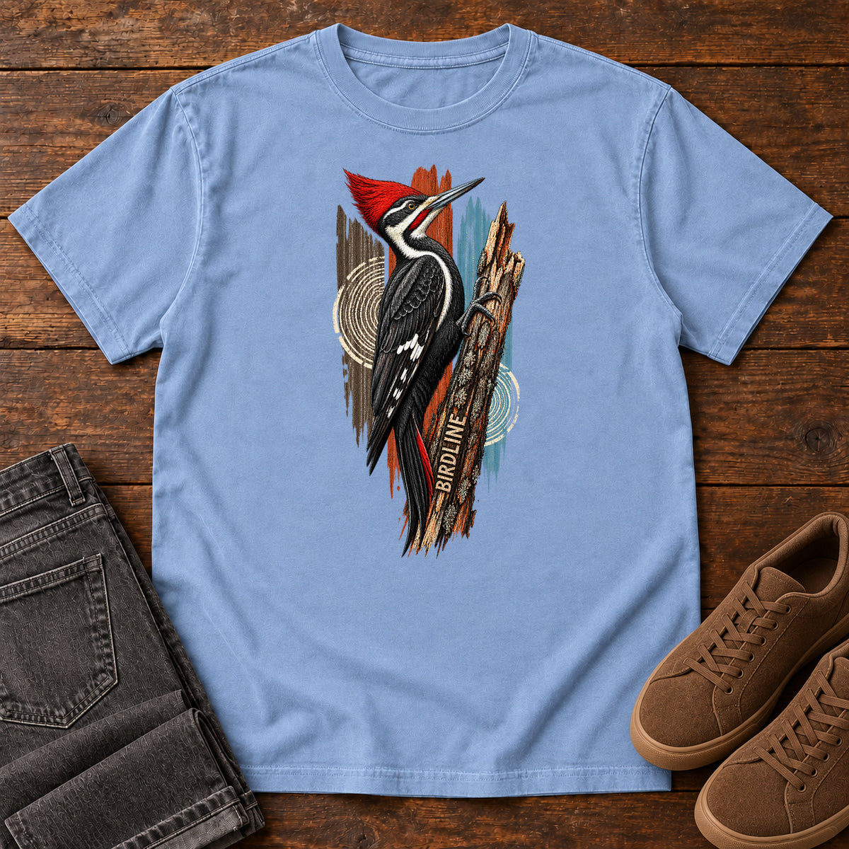 Birdline Woodpecker Woodgrain T-Shirt in Washed Denim