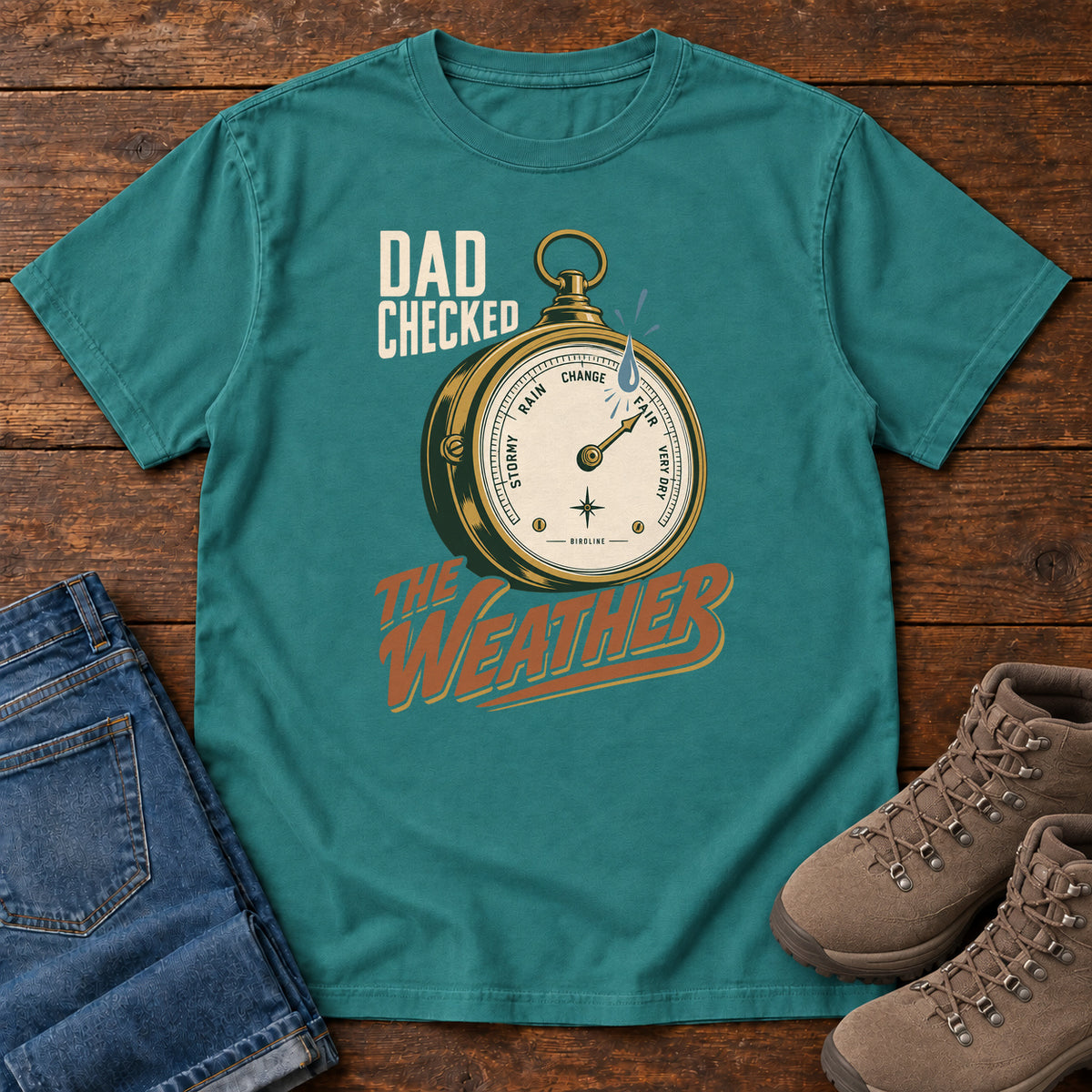 Emerald Dad Checked the Weather T-shirt with a weather dial graphic and lettering, laid flat on a wooden surface.