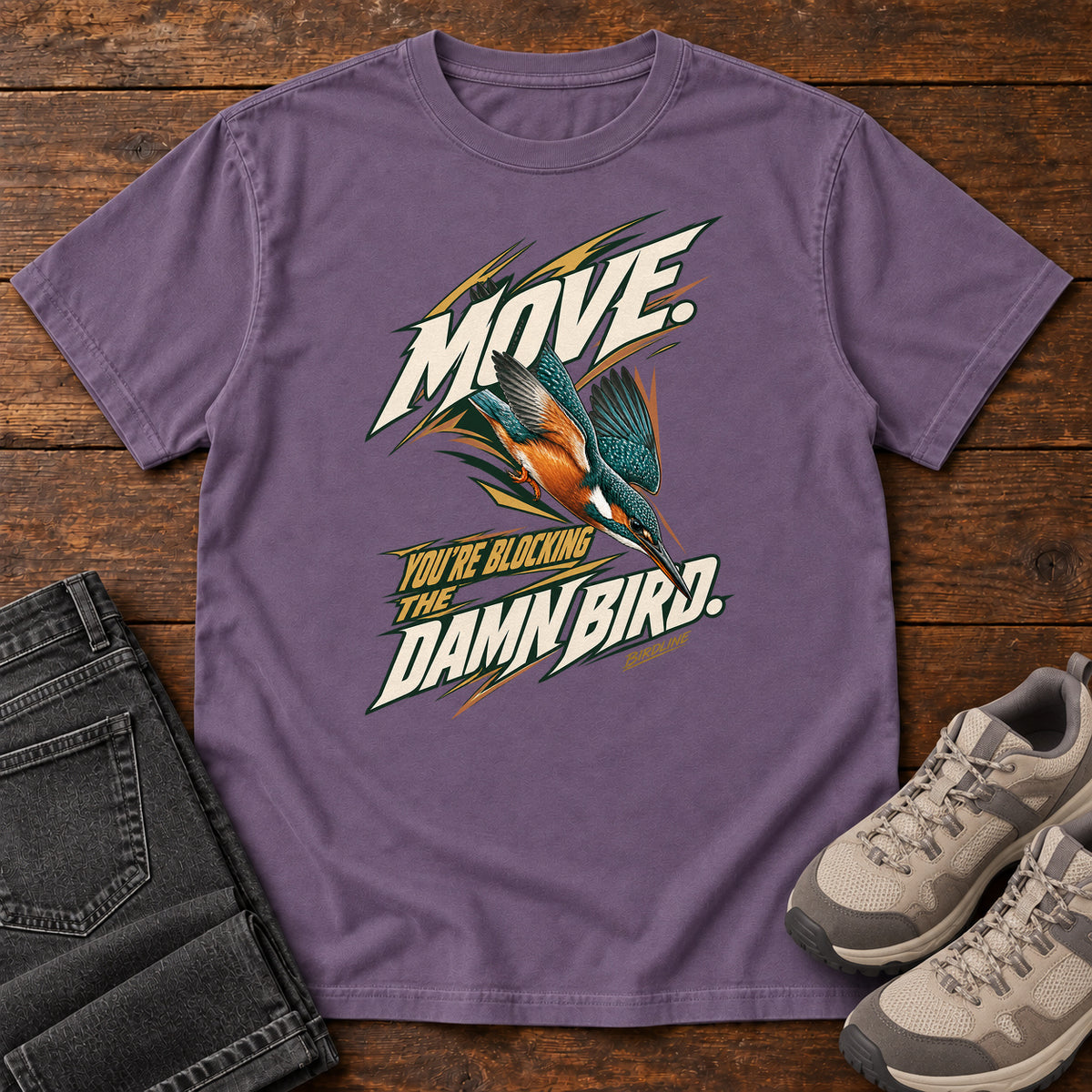 Move You're Blocking the Damn Bird Kingfisher T-Shirt in Grape
