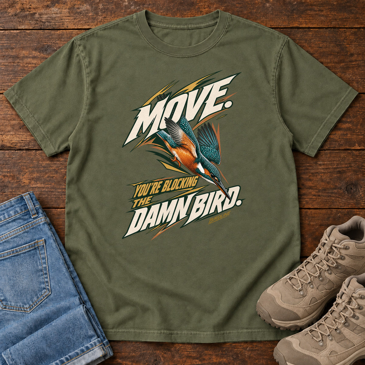 Move You're Blocking the Damn Bird Kingfisher T-Shirt in Hemp