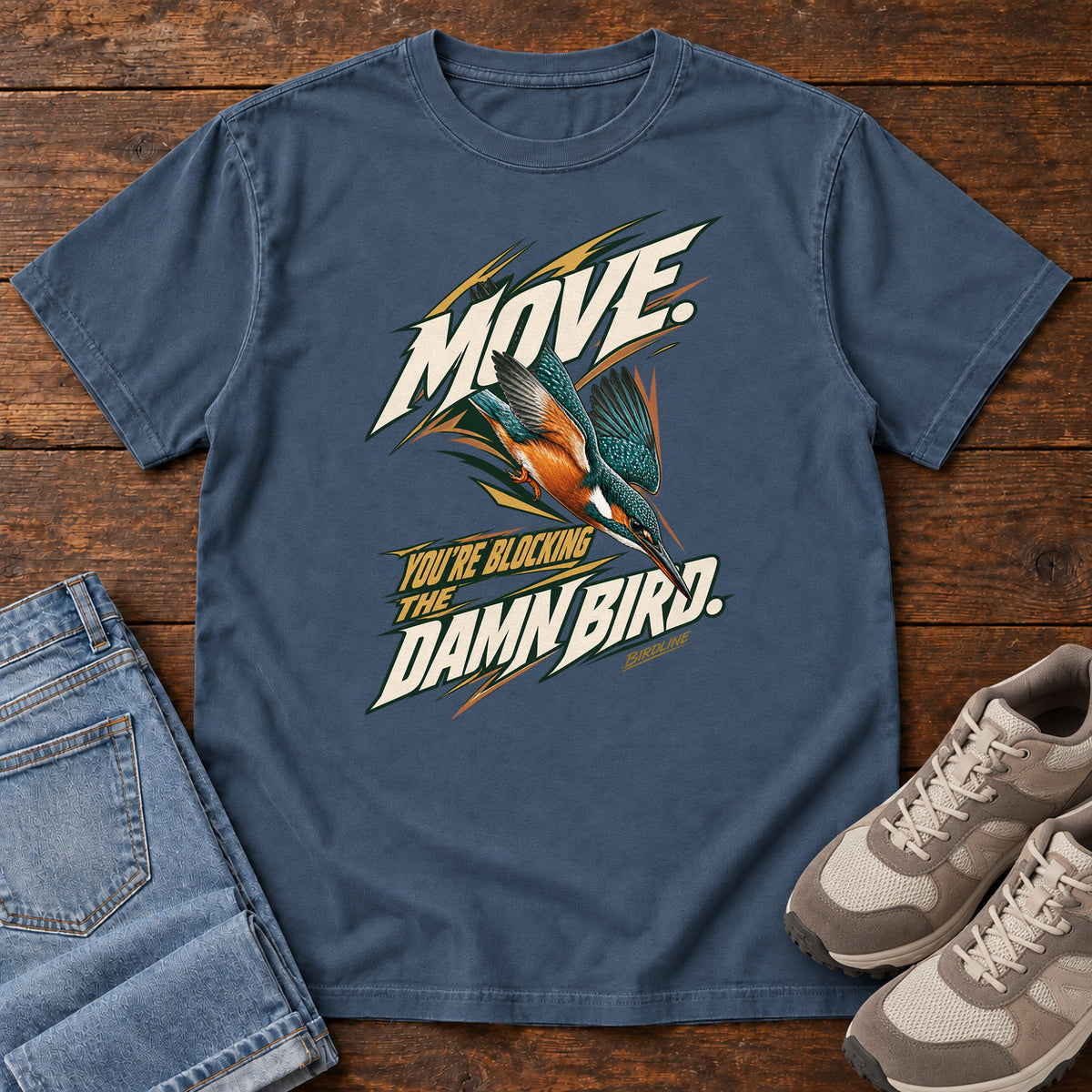 Move You're Blocking the Damn Bird Kingfisher T-Shirt in Midnight