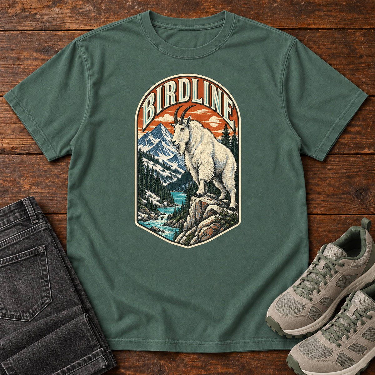 Birdline Mountain Goat Badge T-Shirt in Blue Spruce