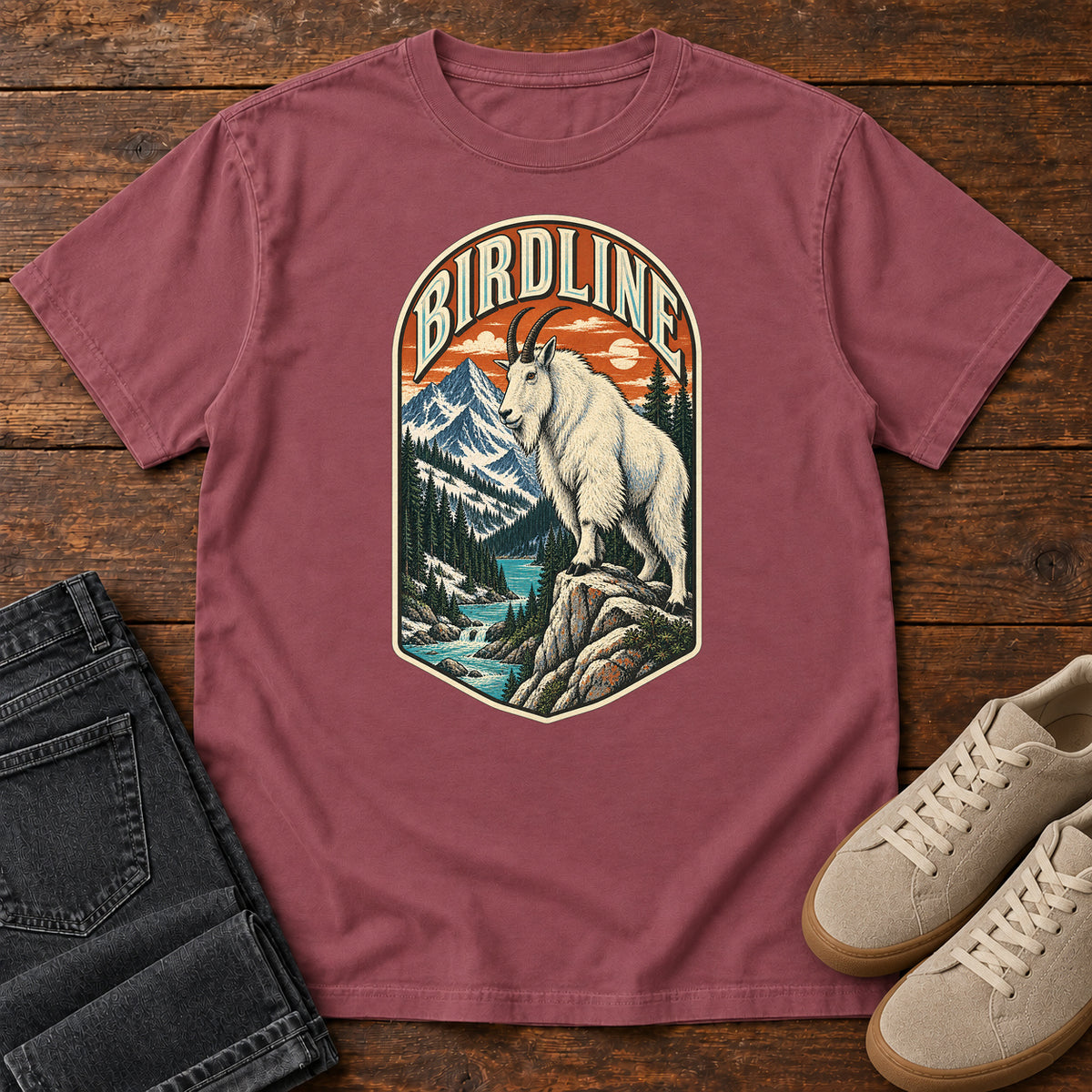 Birdline Mountain Goat Badge T-Shirt in Brick