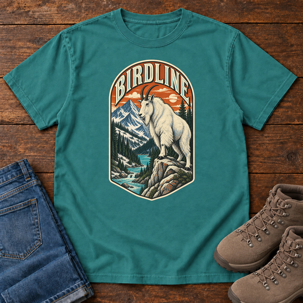 Birdline Mountain Goat Badge T-Shirt in Emerald
