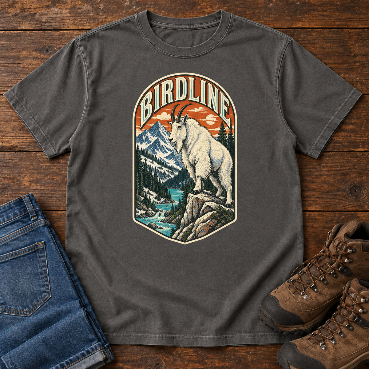 Birdline Mountain Goat Badge T-Shirt in Pepper