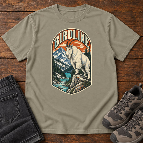 Birdline Mountain Goat Badge T-Shirt in Sandstone, front view