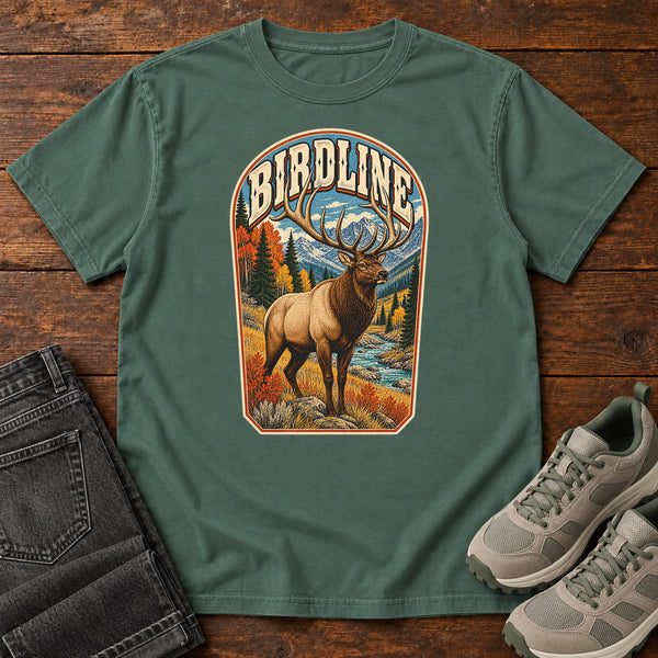 Birdline Elk Badge T-Shirt in Blue Spruce, front view