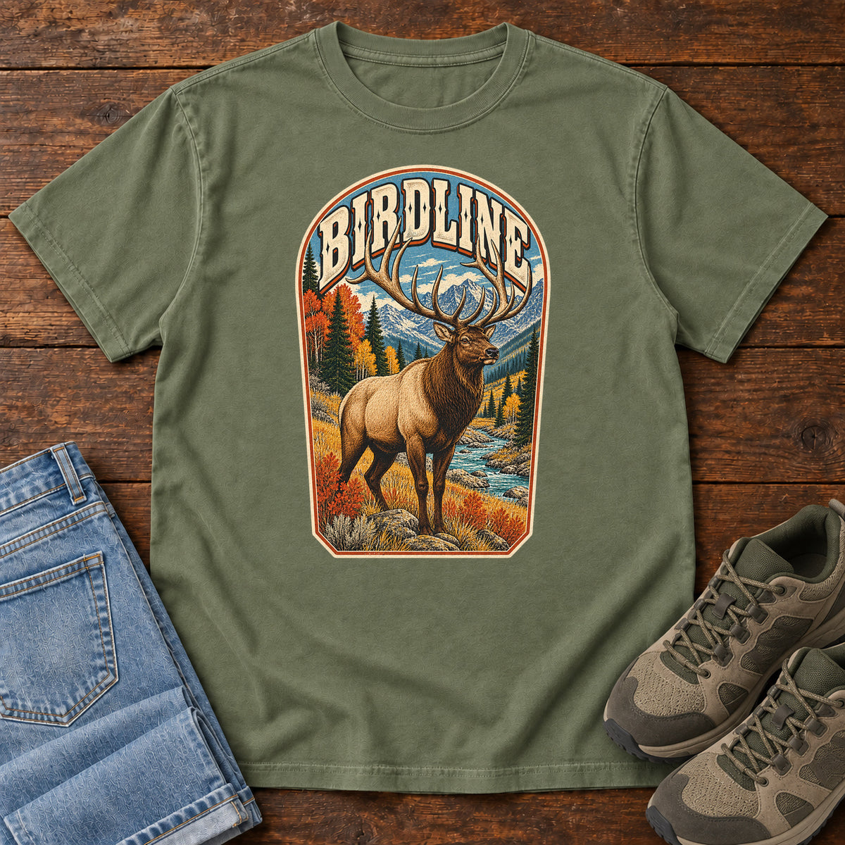 Birdline Elk Badge T-Shirt in Moss