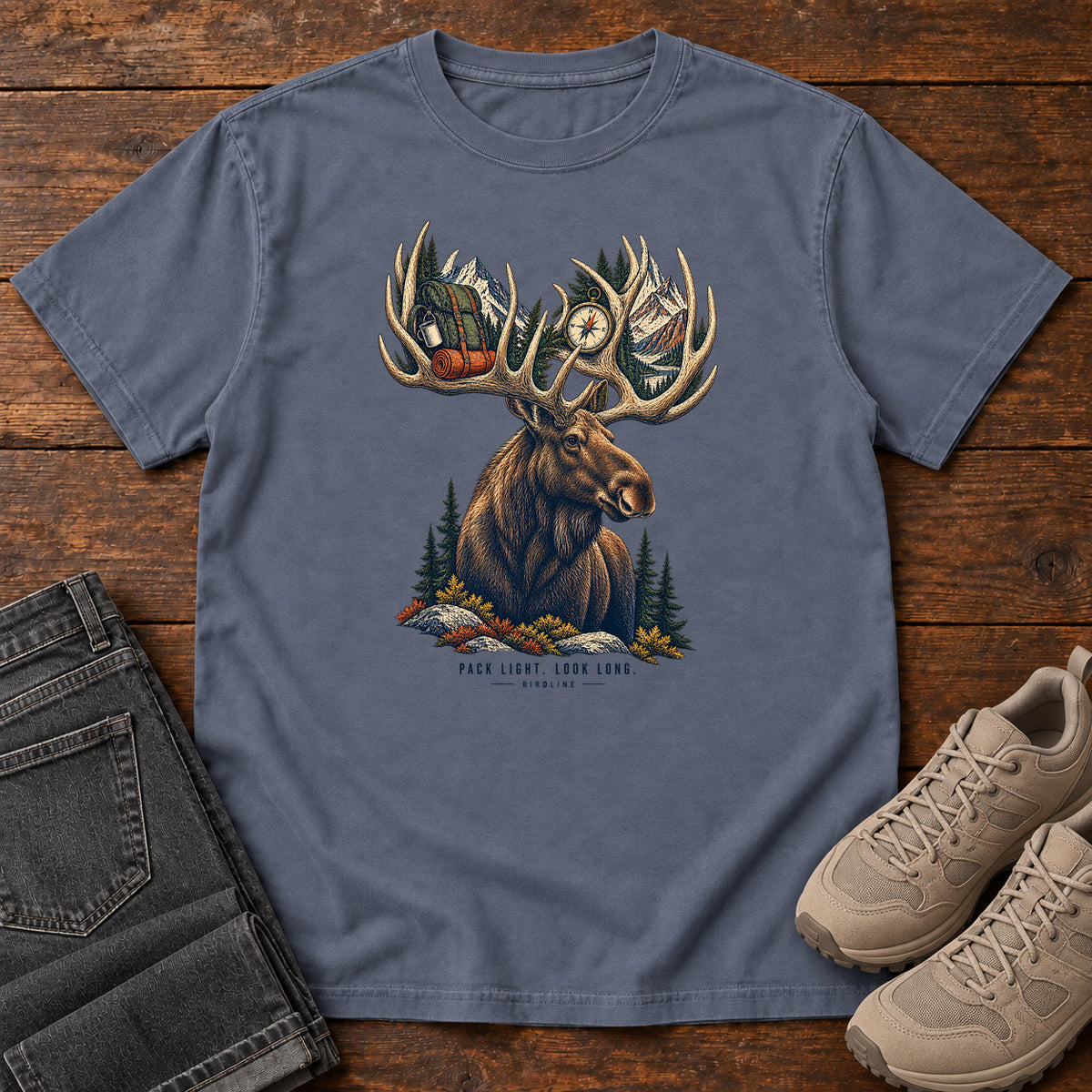 Pack Light Look Long Moose T-Shirt in Denim