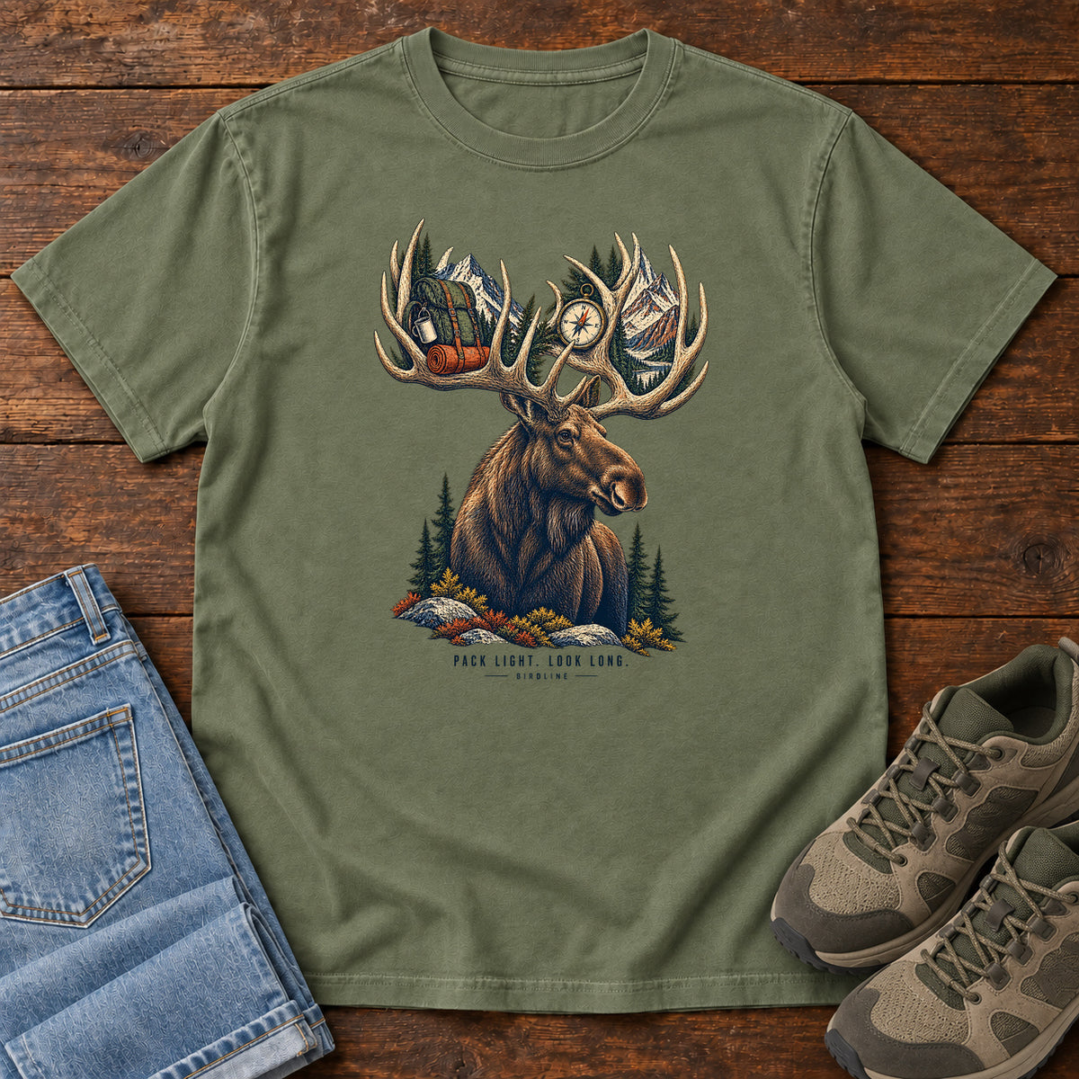Pack Light Look Long Moose T-Shirt in Moss