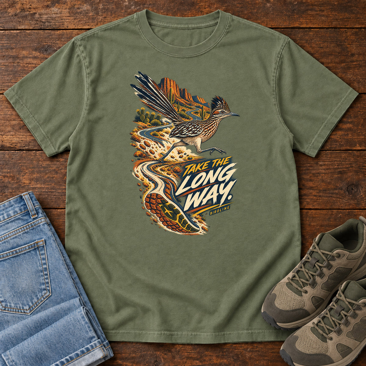 Take the Long Way Roadrunner T-Shirt in Moss