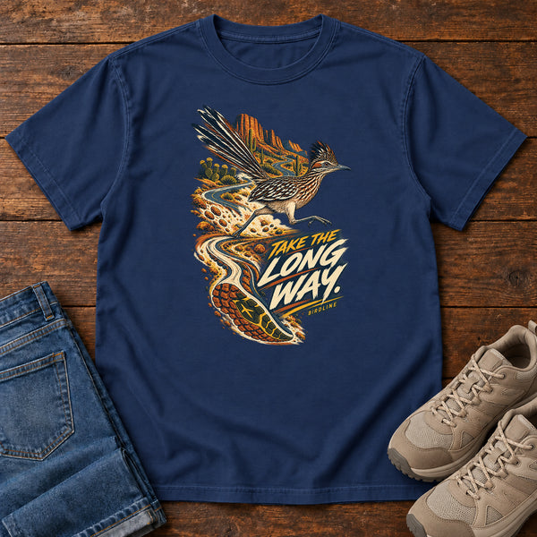 Take the Long Way Roadrunner T-Shirt in True Navy, front view