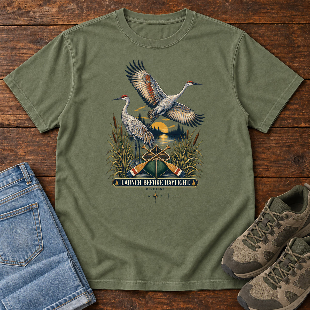 Launch Before Daylight Cranes T-Shirt in Moss