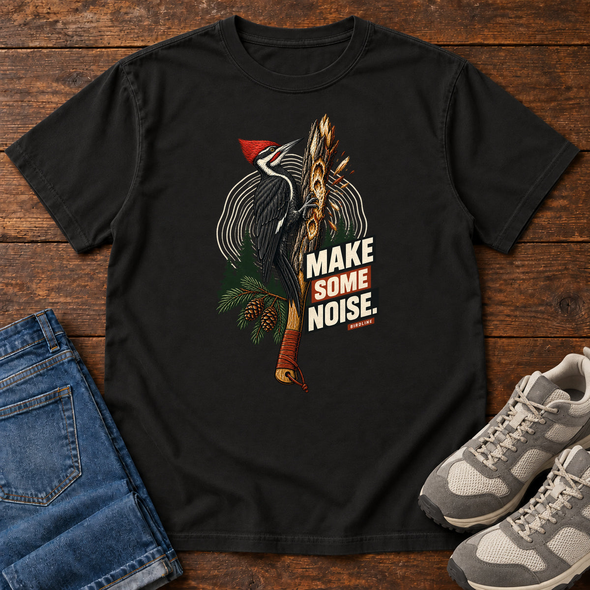 Make Some Noise Woodpecker T-Shirt in Black