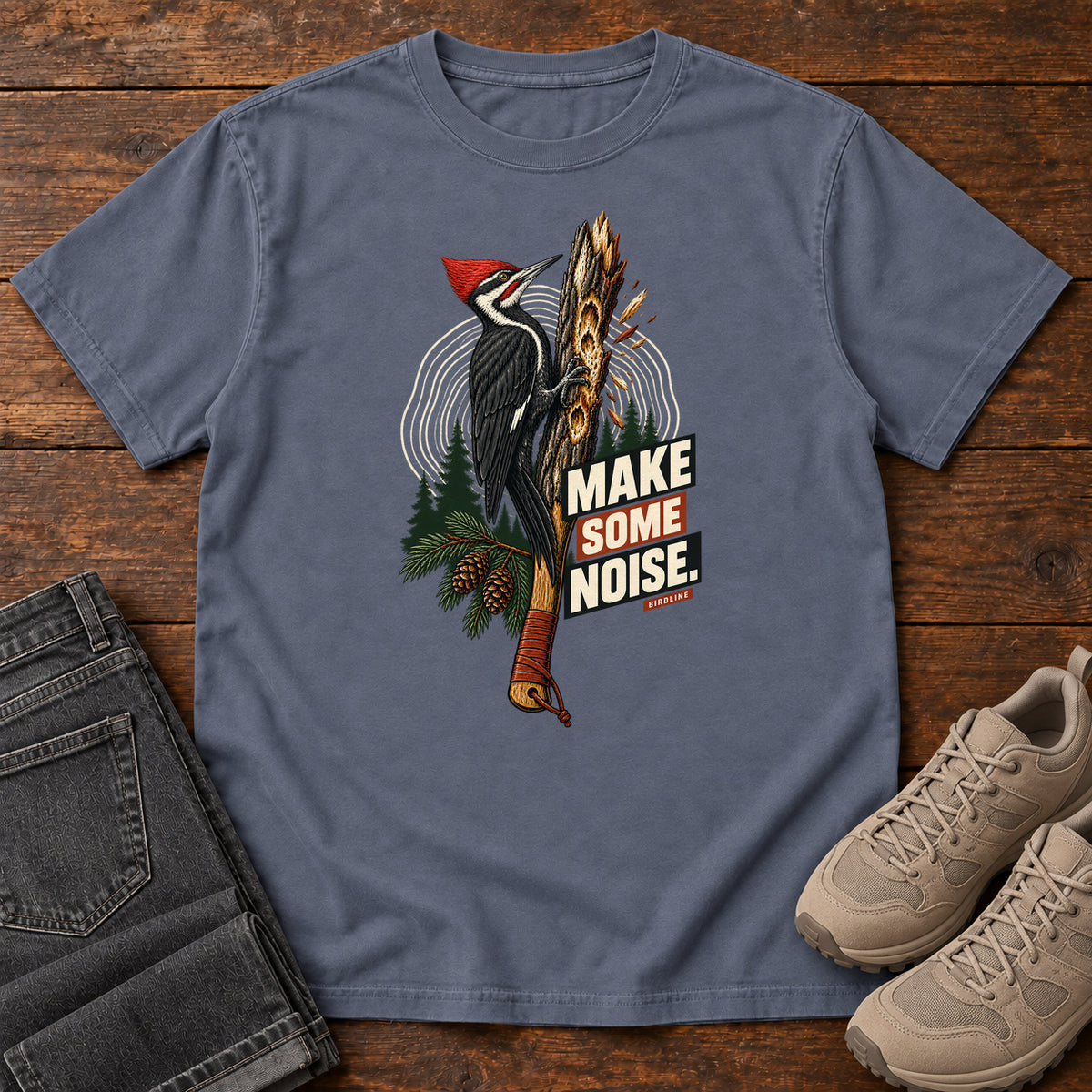 Make Some Noise Woodpecker T-Shirt in Denim