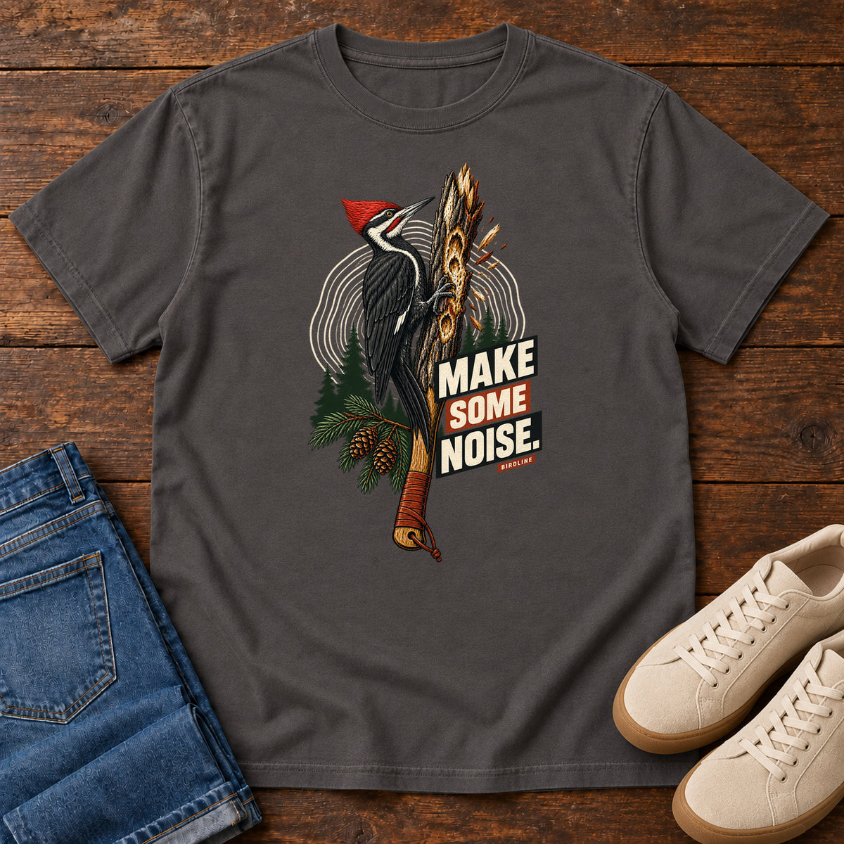 Make Some Noise Woodpecker T-Shirt in Graphite