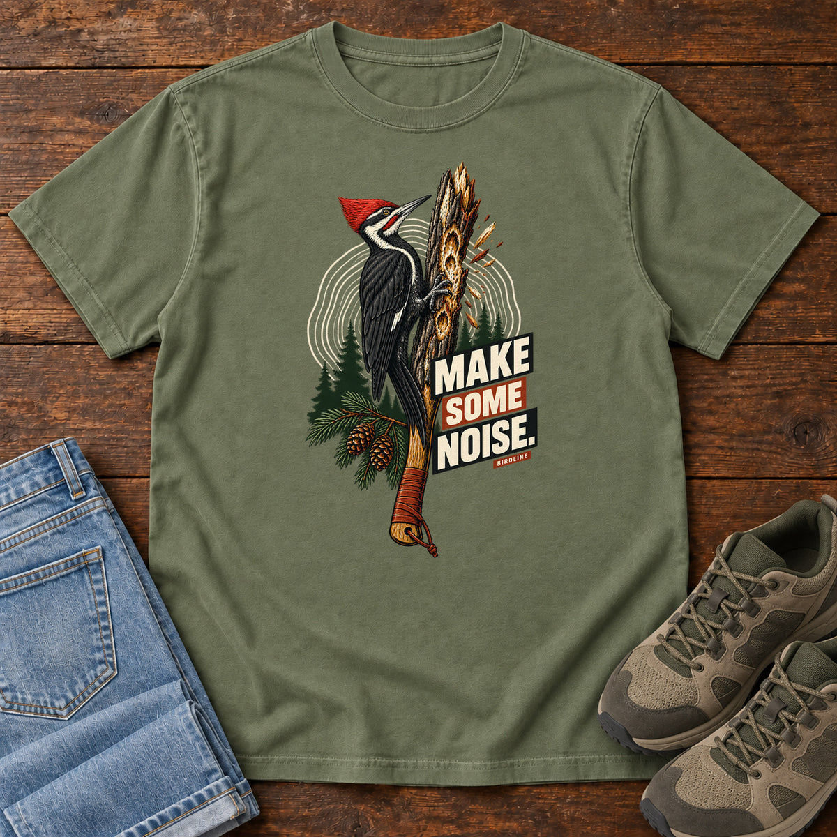 Make Some Noise Woodpecker T-Shirt in Moss