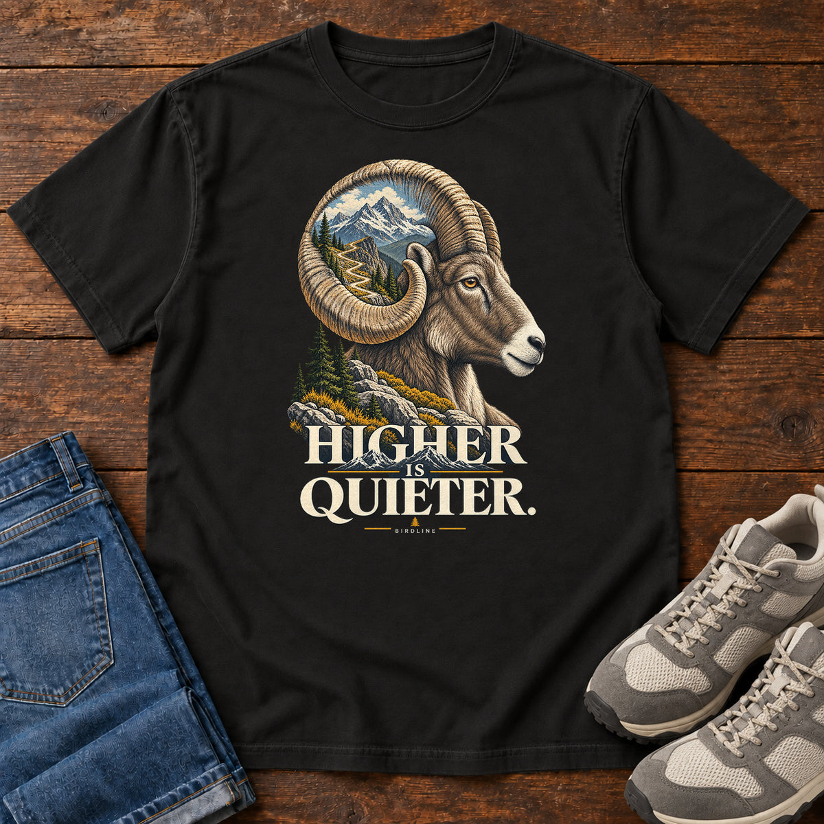 Higher is Quieter Bighorn Sheep T-Shirt in Black