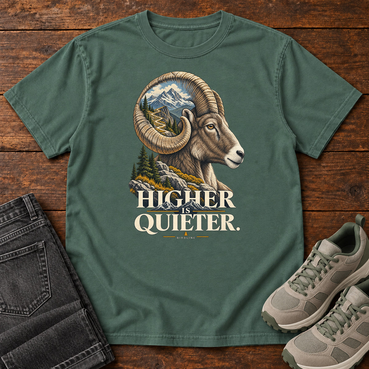 Higher is Quieter Bighorn Sheep T-Shirt in Blue Spruce