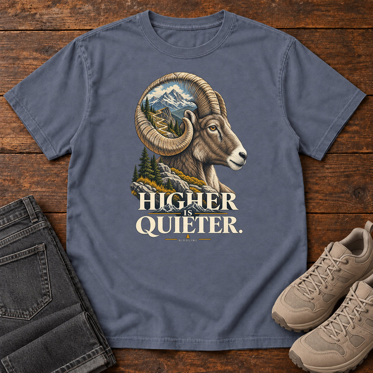 Higher is Quieter Bighorn Sheep T-Shirt in Denim