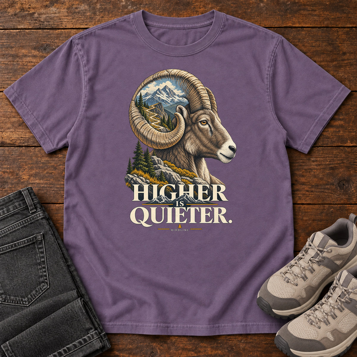 Higher is Quieter Bighorn Sheep T-Shirt in Grape