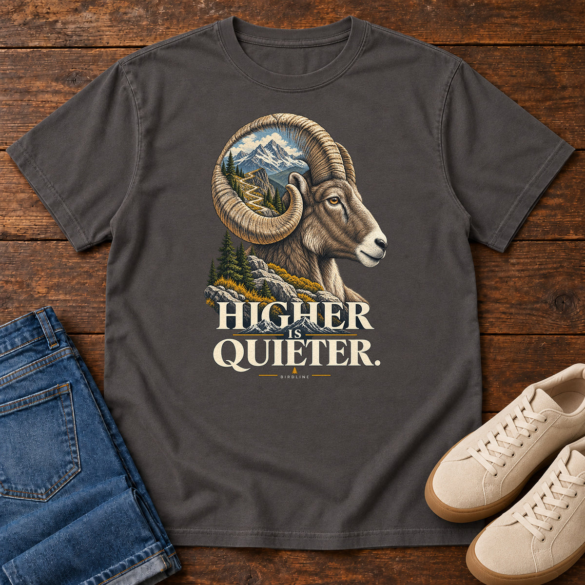 Higher is Quieter Bighorn Sheep T-Shirt in Graphite