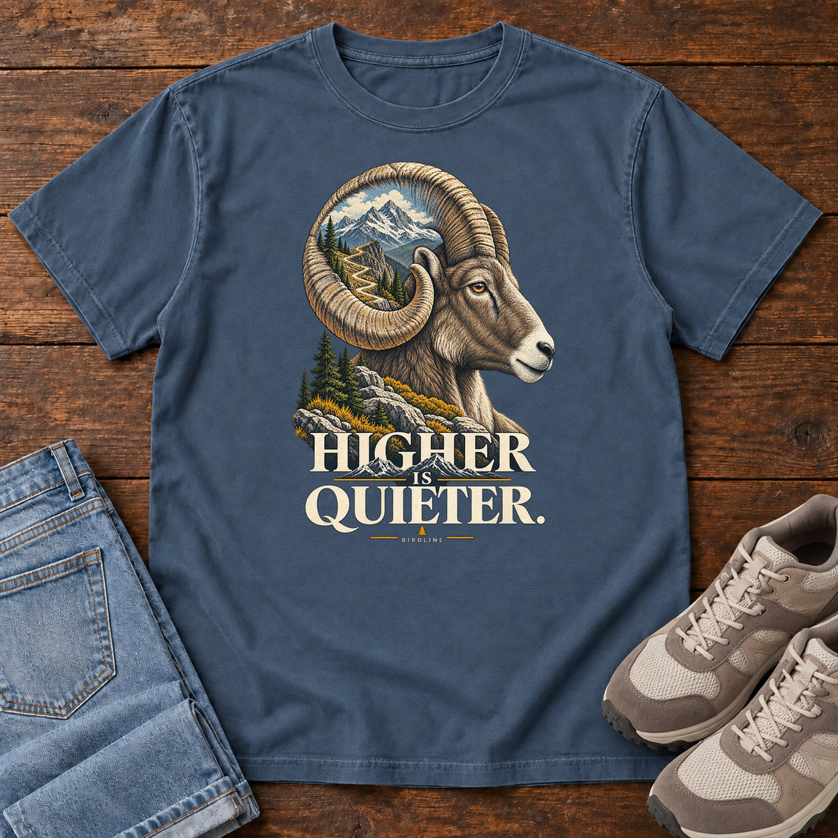 Higher is Quieter Bighorn Sheep T-Shirt in Midnight