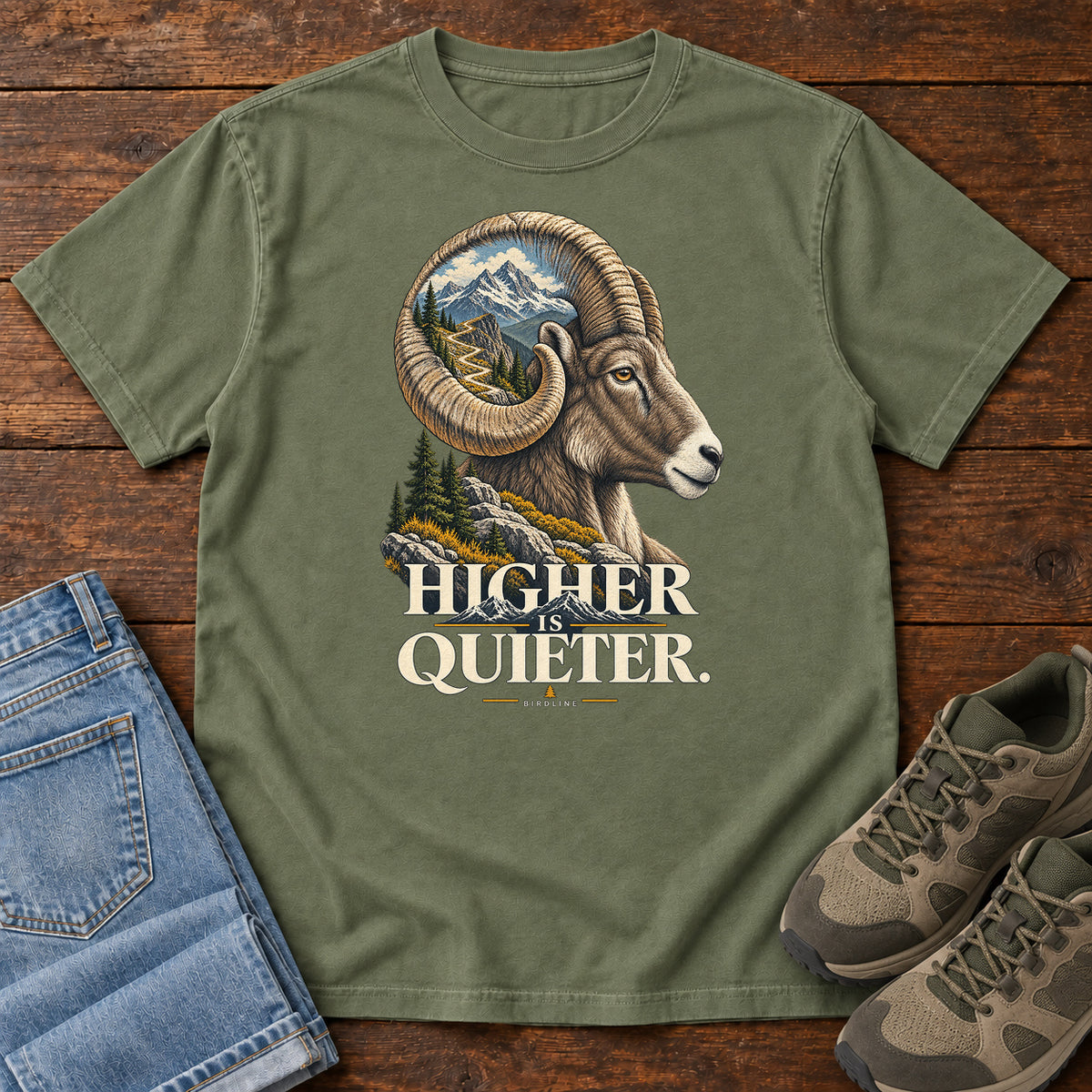 Higher is Quieter Bighorn Sheep T-Shirt in Moss