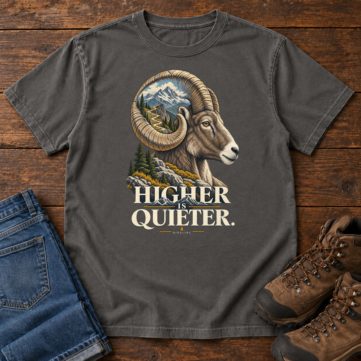 Higher is Quieter Bighorn Sheep T-Shirt in Pepper