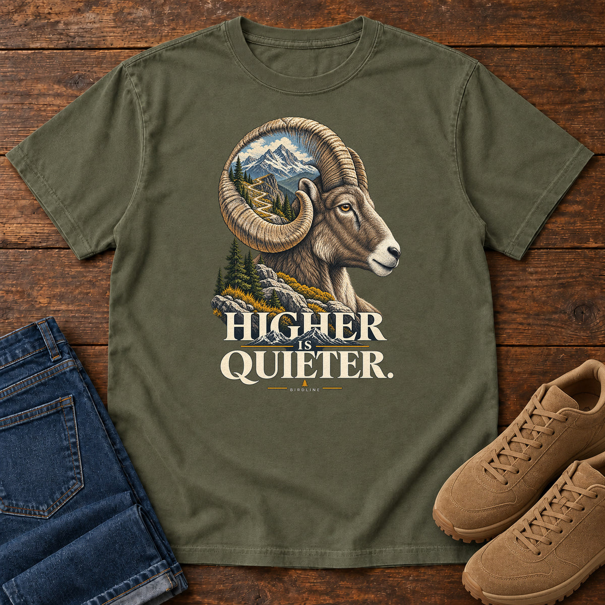 Higher is Quieter Bighorn Sheep T-Shirt in Sage