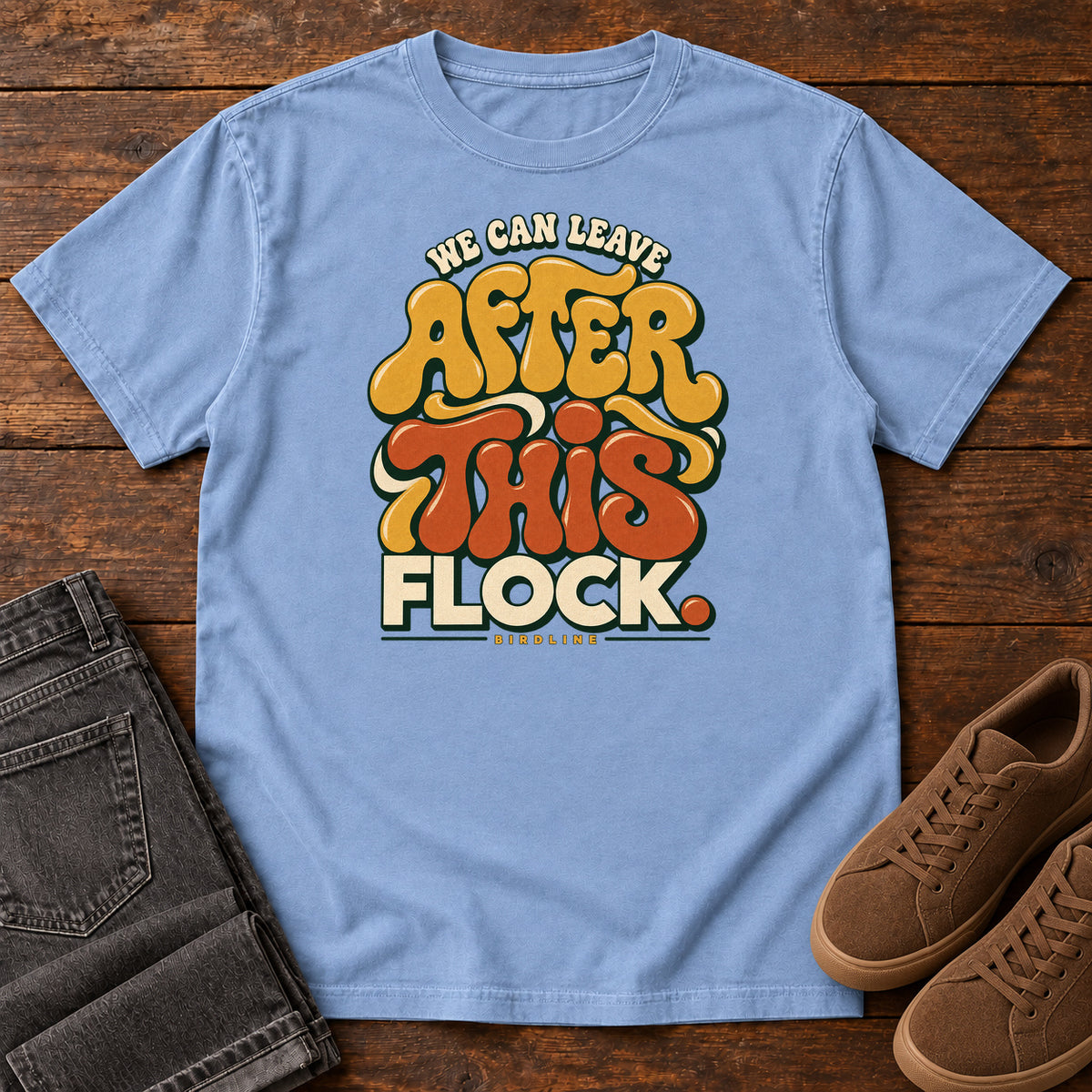 We Can Leave After This Flock T-Shirt in Washed Denim