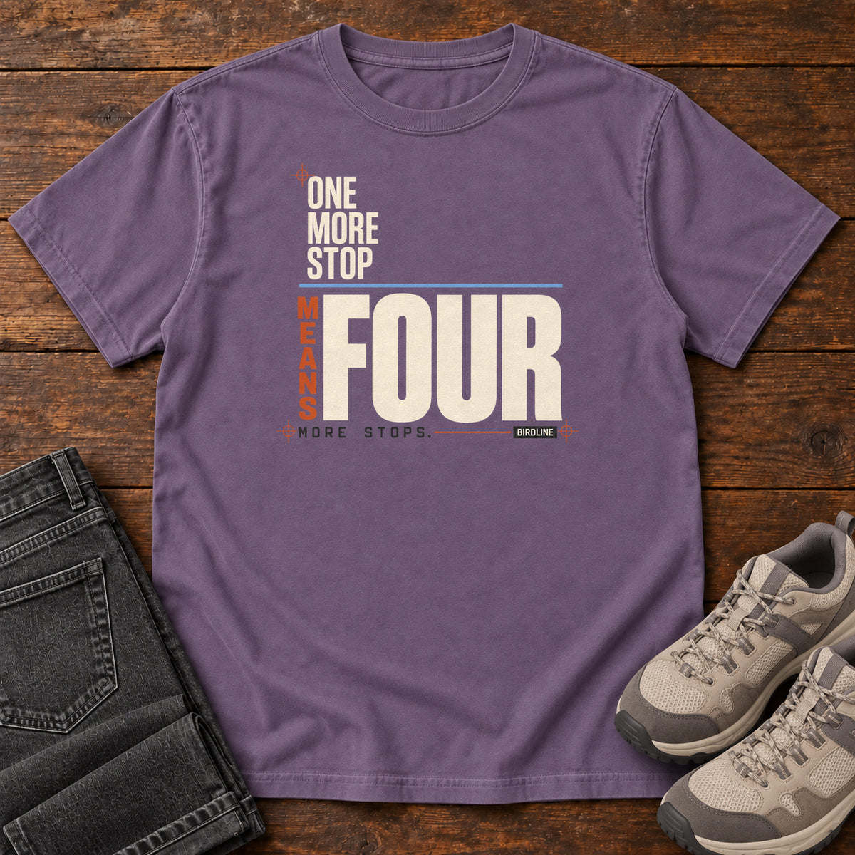 One More Stop Means Four More Stops T-Shirt in Grape