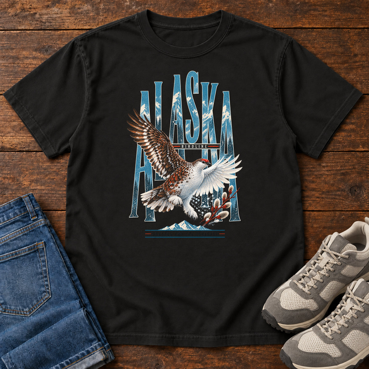 Black Alaska Dressed for the Forecast Eagle T-Shirt with a white-and-brown bird with raised wings over Alaska lettering and snowy mountains; front flat lay on wood.