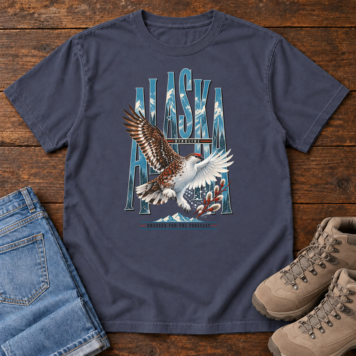 Navy Alaska Dressed for the Forecast Eagle T-Shirt with a white-and-brown bird with raised wings over Alaska lettering and snowy mountains; front flat lay on wood.