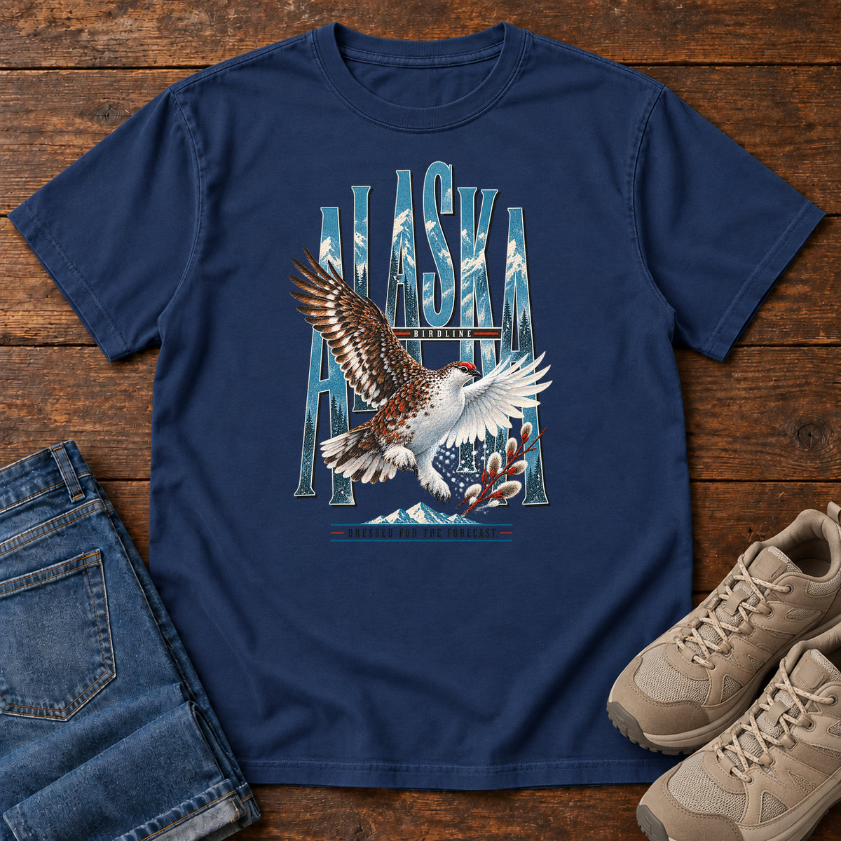 True Navy Alaska Dressed for the Forecast Eagle T-Shirt with a white-and-brown bird with raised wings over Alaska lettering and snowy mountains; front flat lay on wood.